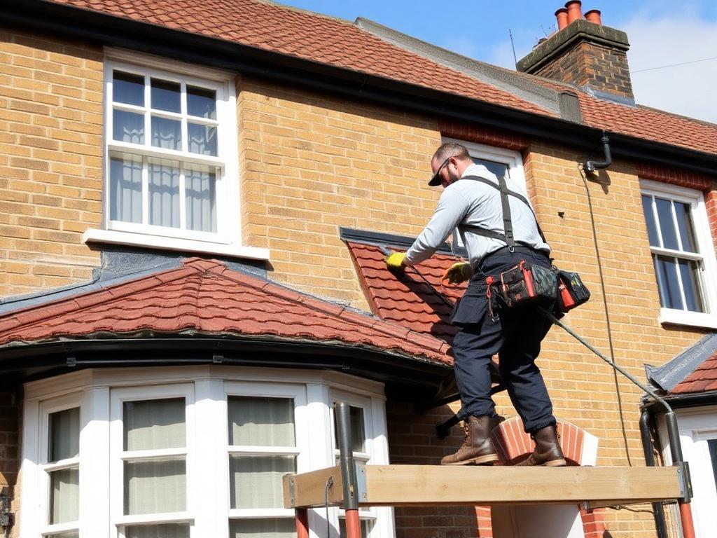 Roofer installing new tiles on a terraced house